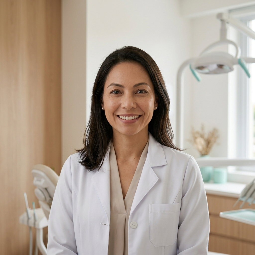 Retrato ilustrativo gerado por IA para personagem demonstrativa de dentista