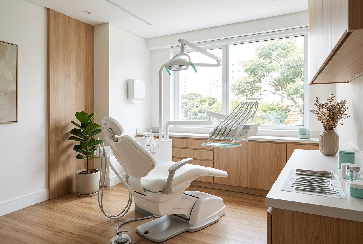 Consultório odontológico Tateishi iluminado, com cadeira moderna, janela ampla e detalhes naturais